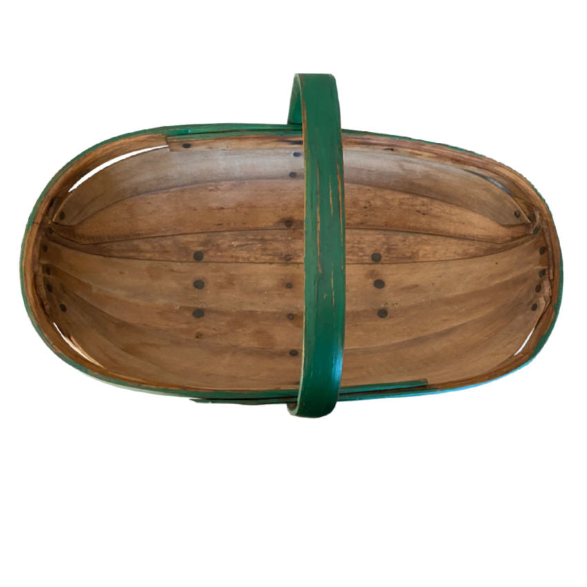 Original painted English harvest basket trug inside view with nails