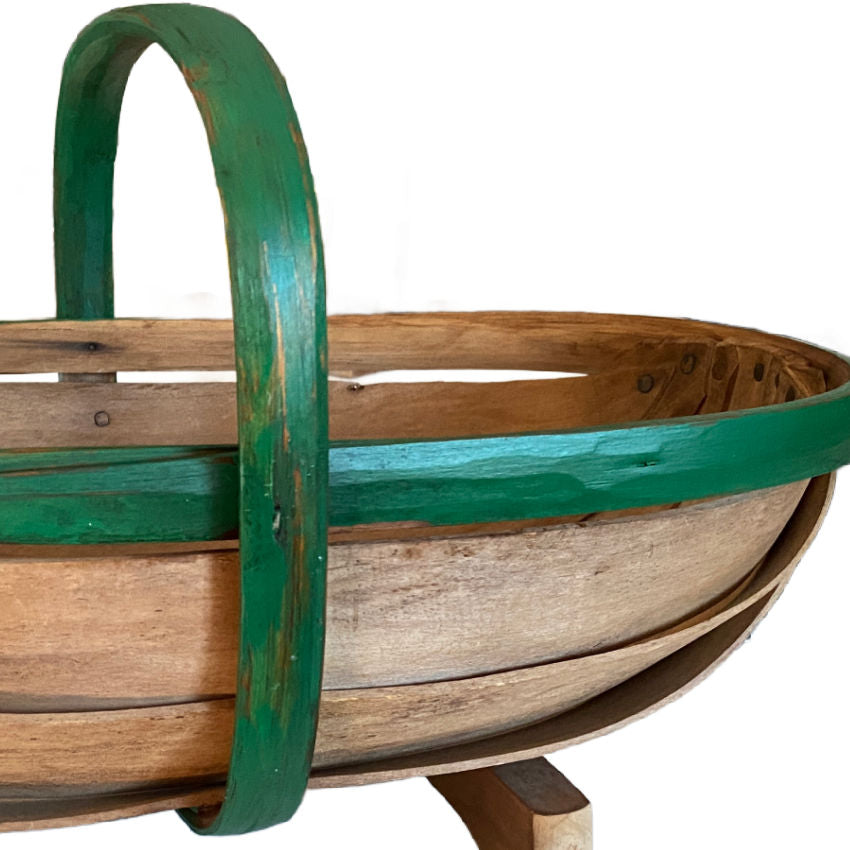 English garden basket with aged wood patina close up view