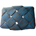 Vintage French gathering basket from Normandy with weathered blue exterior showing bottom detail.