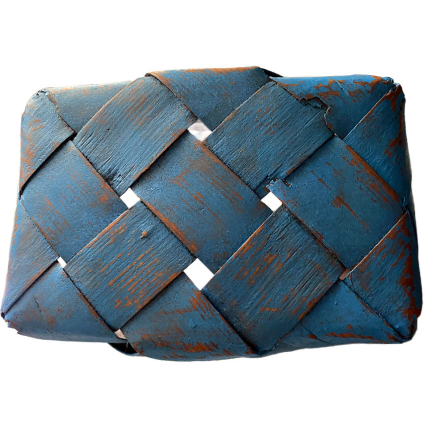 Vintage French gathering basket from Normandy with weathered blue exterior showing bottom detail.