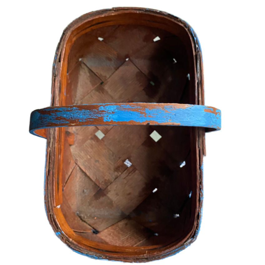 Vintage French gathering basket from Normandy with weathered blue exterior and natural wood interior.