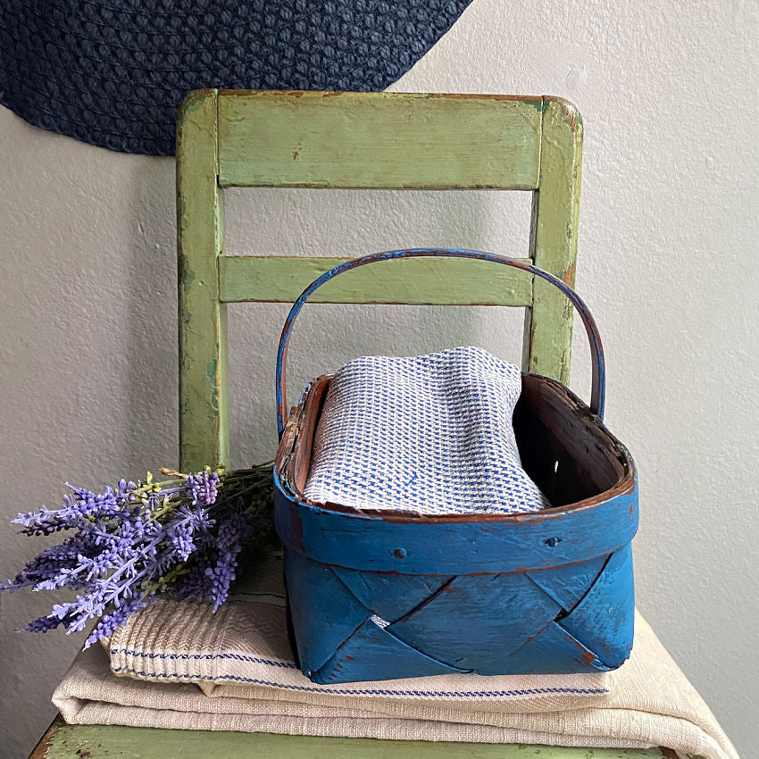Vintage French Bleuet Blue Painted Splint Basket, Country Gathering Basket