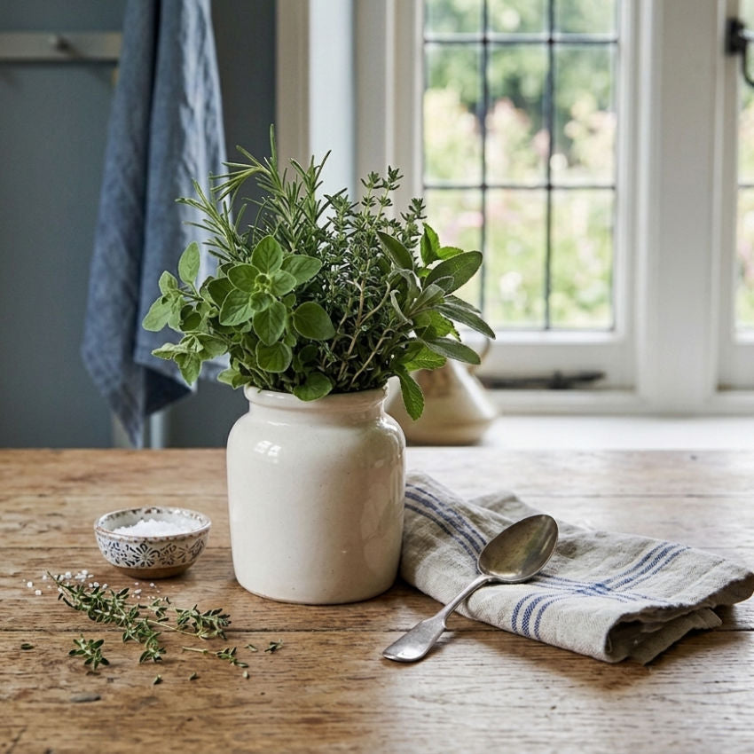 French Terre de Fer cream preserving pot tabletop styling with herbs and antique french spoon