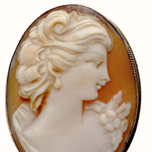 Vintage hand-carved cameo portrait brooch featuring a classical female profile, set in a refined gold mount with timeless appeal.