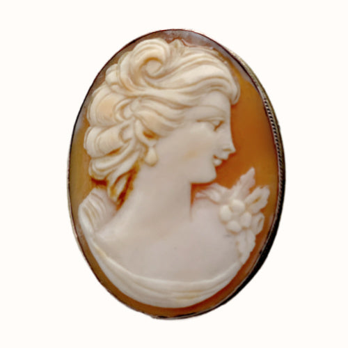 Vintage hand-carved cameo portrait brooch featuring a classical female profile, set in a refined gold mount with timeless appeal.