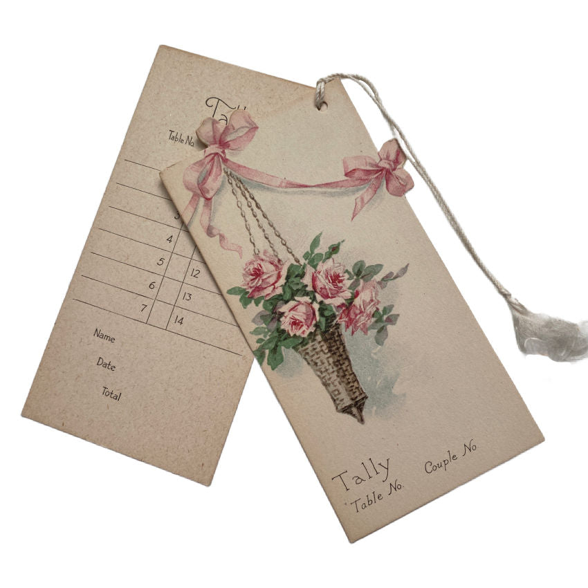 Vintage Pink Roses Basket and Ribbons Bridge Tally