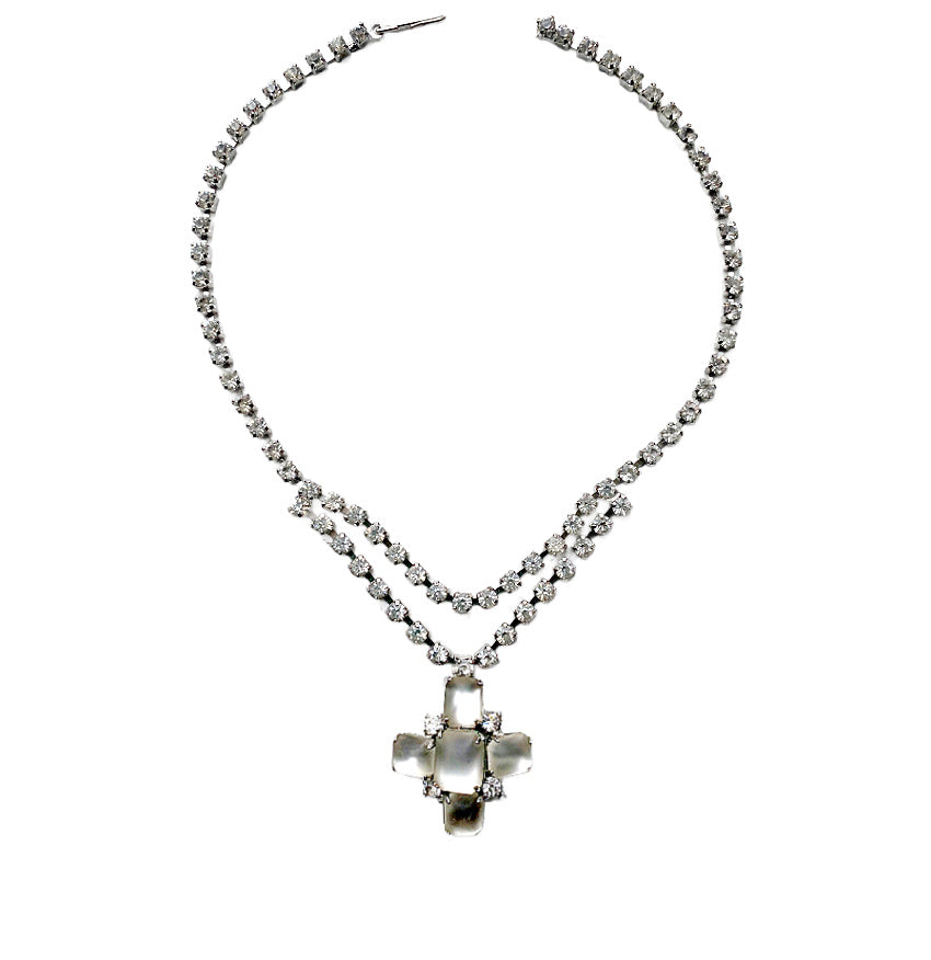 Vintage Rhinestone and Opalescent Glass Cross Necklace