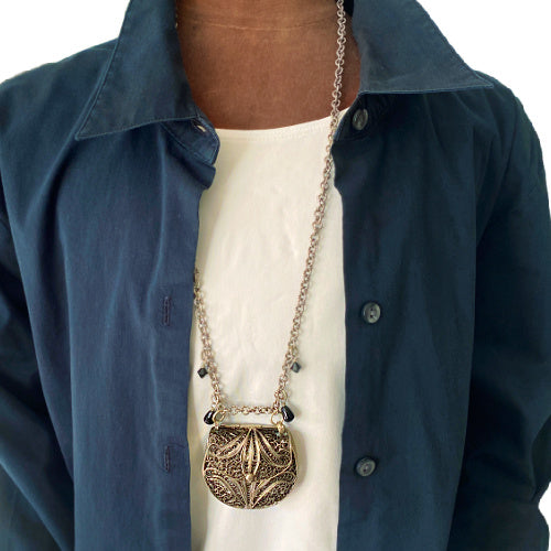 Silver purse pendant necklace with onyx and black crystal accents, 19th-century inspired, hidden compartment, antique-style collectible jewelry.