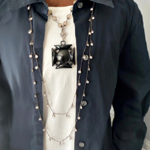 Vintage Swarovski double chain necklace with brilliant crystal stations set along its length. Elegant 37.5 inch design with refined European sparkle.