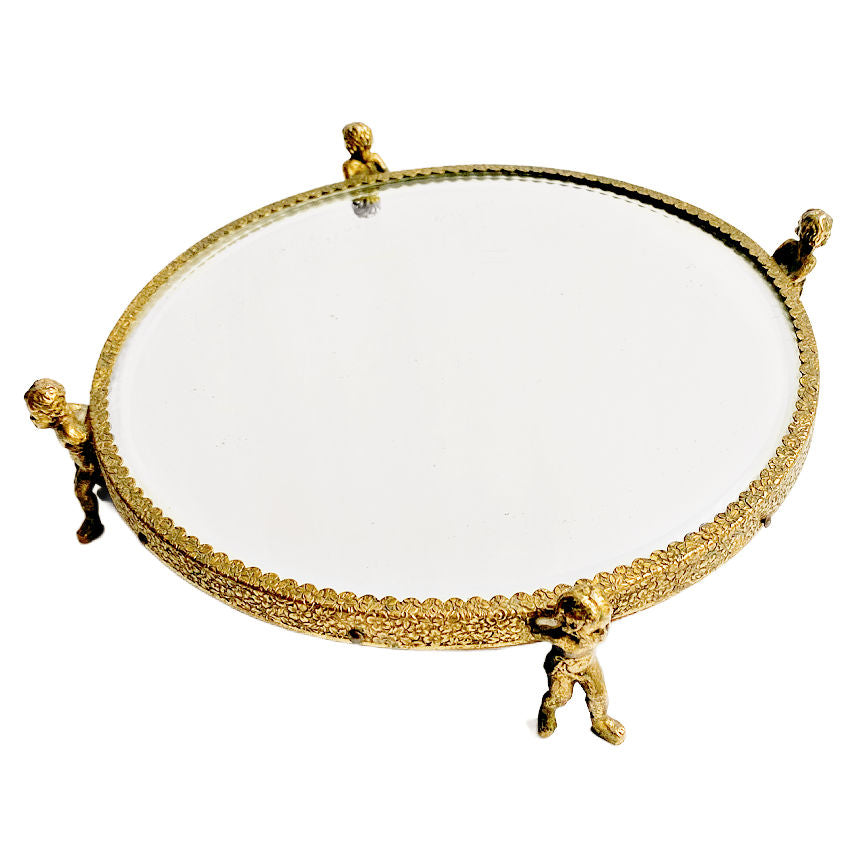 Vintage mirror pedestal, Cherub vanity tray, Gilded perfume stand, Beveled mirror tray, Gold cherub feet, French boudoir décor, Romantic vanity accessory, Perfume display stand, Hollywood Regency style, Vintage dressing table décor, Mirror pedestal, Gilt cherub décor, Elegant vanity display, Decorative perfume tray