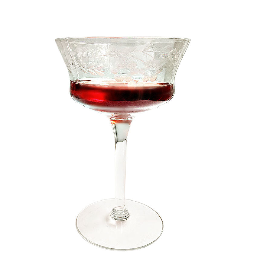 vintage cocktail coupes, FrenchGardenHouse glassware, etched floral glasses, antique-style barware, flared bowl coupe, elegant entertaining, champagne coupes, vintage bar cart, hostess gift, collectible glassware, holiday entertaining