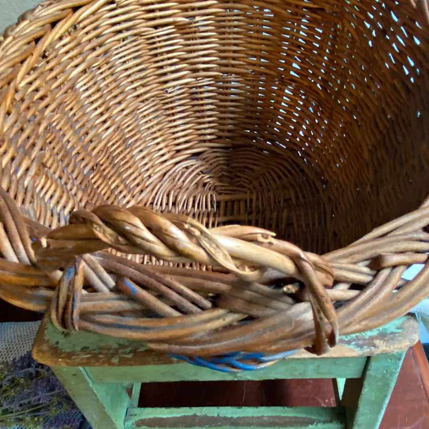 Vintage Dutch Faded Delft Painted Wicker Basket
