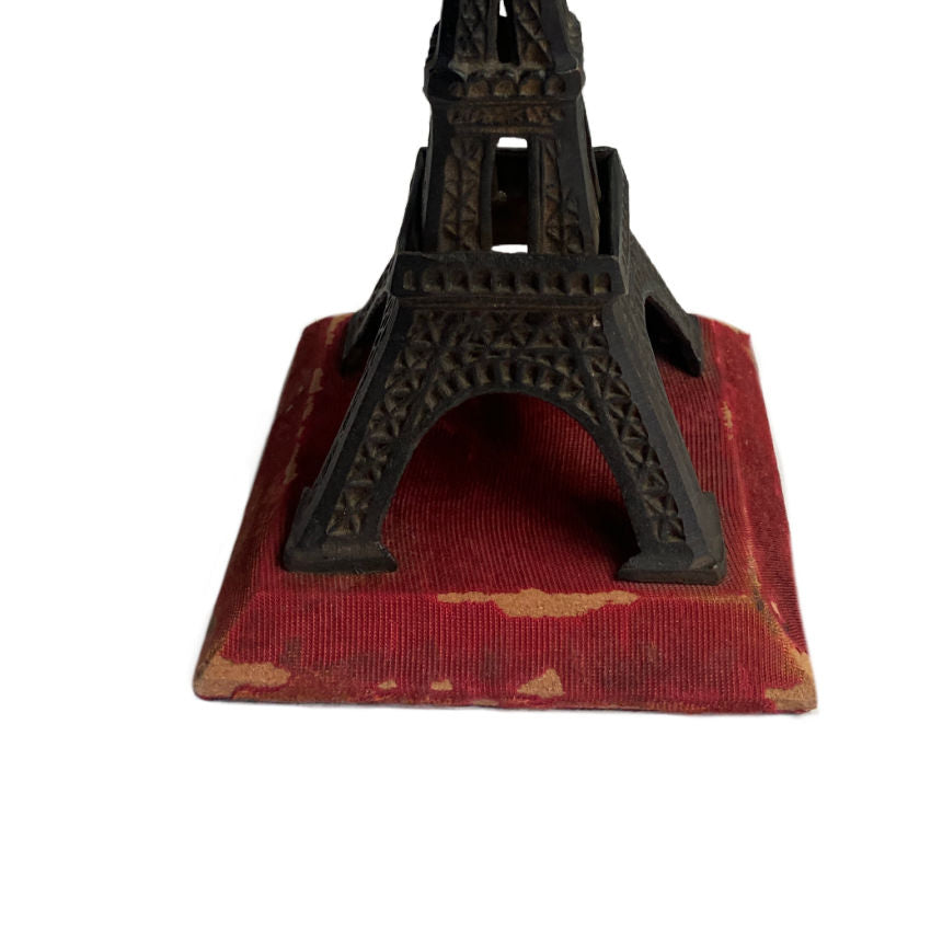 Vintage Eiffel Tower Paris Souvenir on Red Fabric Covered Base with Flag