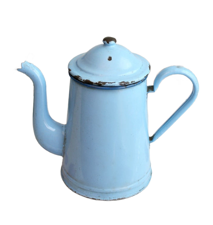 Vintage French blue enamel coffee pot with navy rim, goose-neck spout, antique French kitchenware with beautiful coastal patina and aged character.