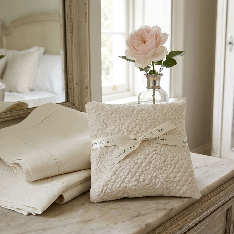 Antique cream French lavender sachet on bedside table