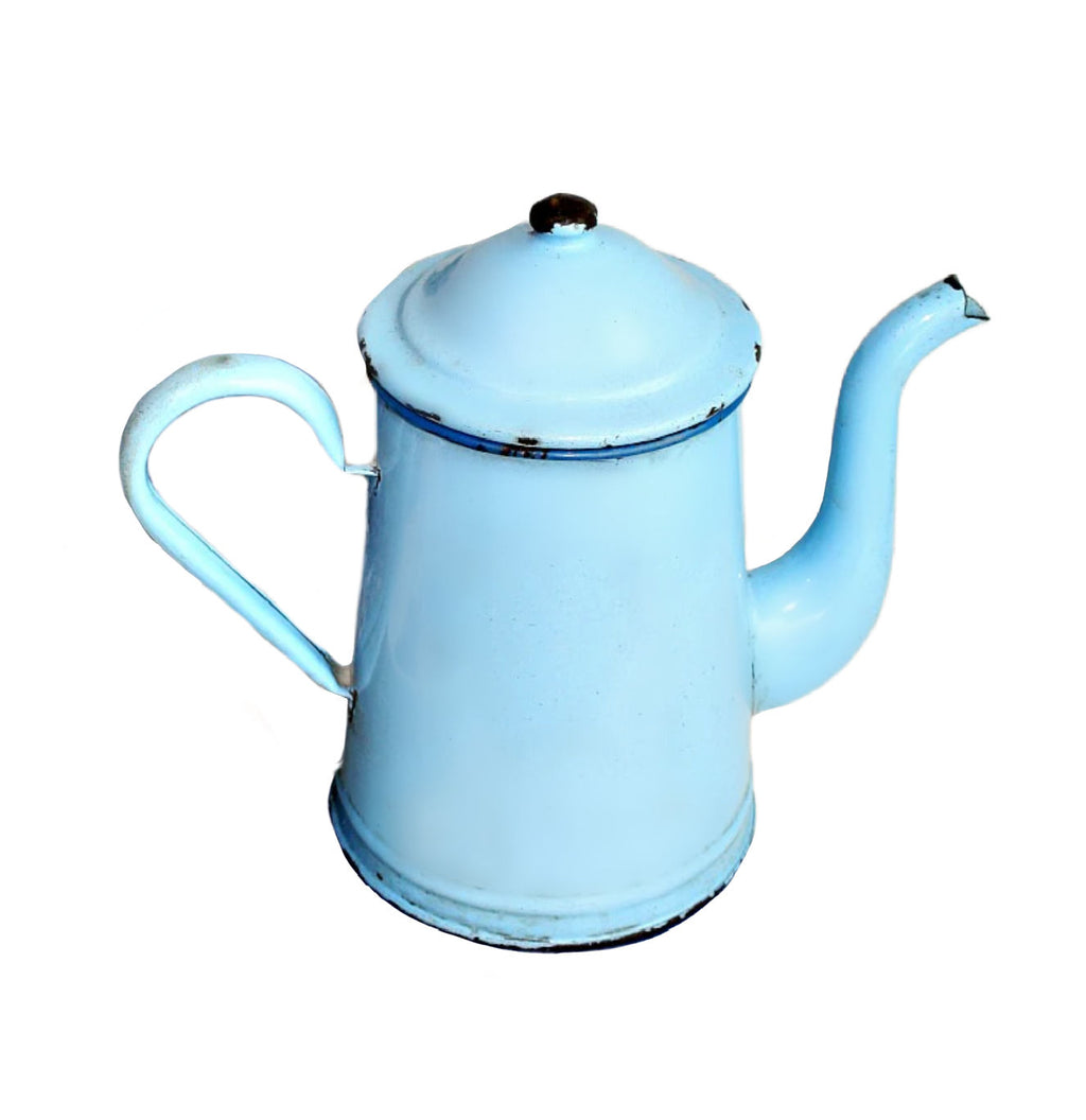French vintage enamel coffee pot with worn patina, blue coastal tones, historic family kitchen piece showing authentic enamel wear and age marks.