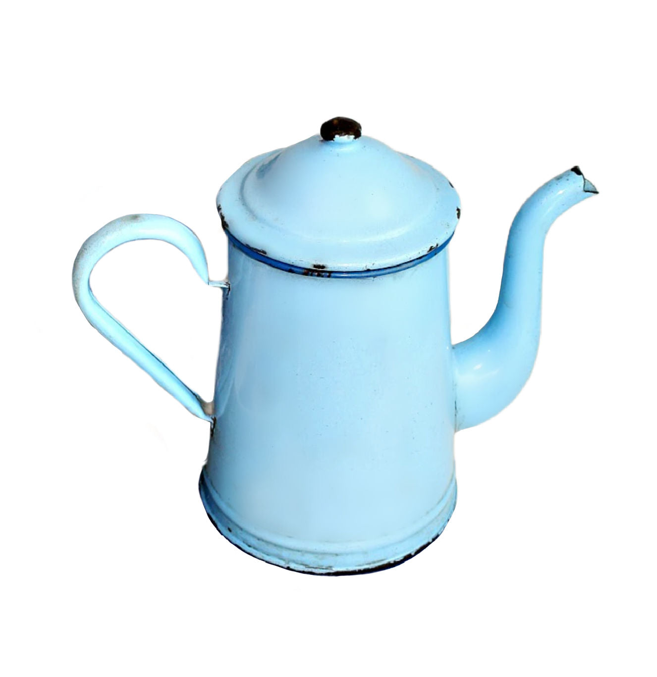 French vintage enamel coffee pot with worn patina, blue coastal tones, historic family kitchen piece showing authentic enamel wear and age marks.