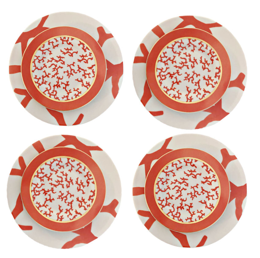 Raynaud Cristobal Coral plates in Limoges porcelain, 9" and 6⅝" set of four; bold coral motif by Alberto Pinto—luxurious, iconic French tableware.