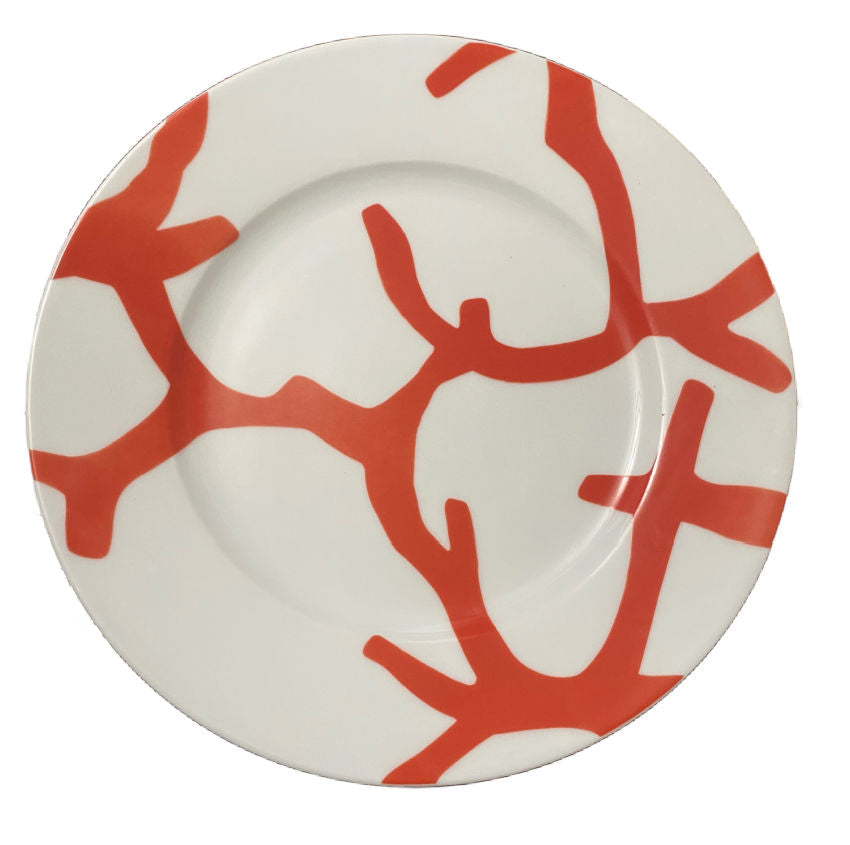 Raynaud Cristobal Coral plates in Limoges porcelain, 9" and 6⅝" set of four; bold coral motif by Alberto Pinto—luxurious, iconic French tableware.