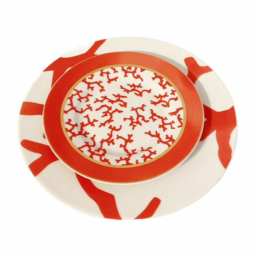 Raynaud Cristobal Coral plates in Limoges porcelain, 9&quot; and 6⅝&quot; set of four; bold coral motif by Alberto Pinto—luxurious, iconic French tableware.