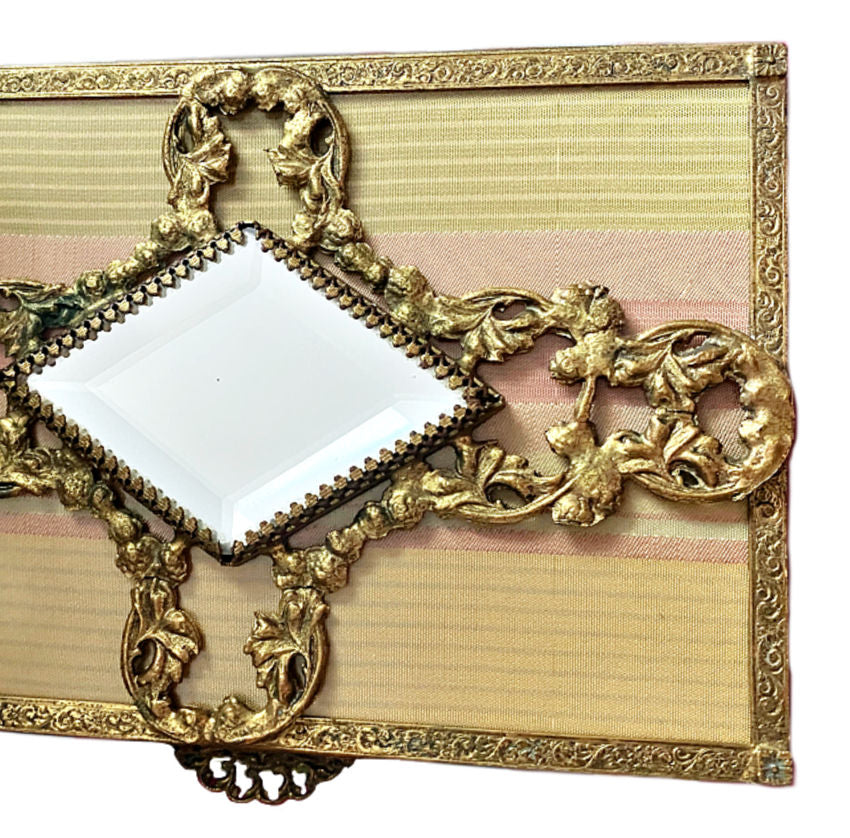 Antique French Silk & Satin Glass Jewelry Casket with Gilt Metalwork and Velvet Interior
