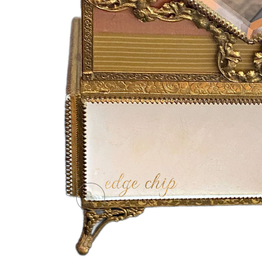 Antique French Silk & Satin Glass Jewelry Casket with Gilt Metalwork and Velvet Interior