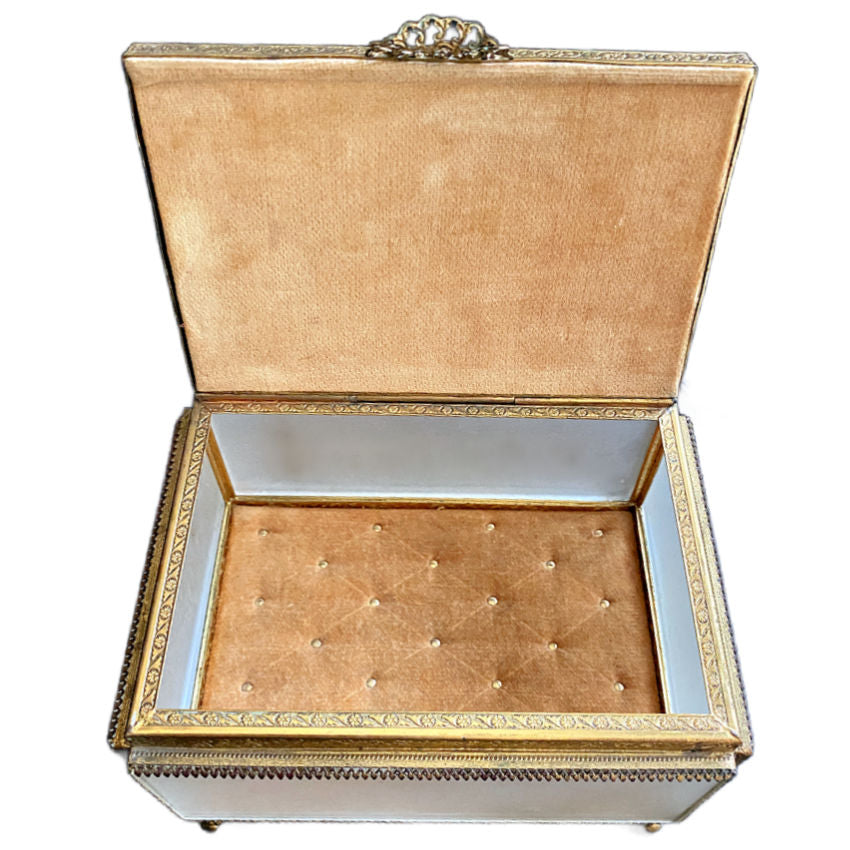 Antique French Silk & Satin Glass Jewelry Casket with Gilt Metalwork and Velvet Interior