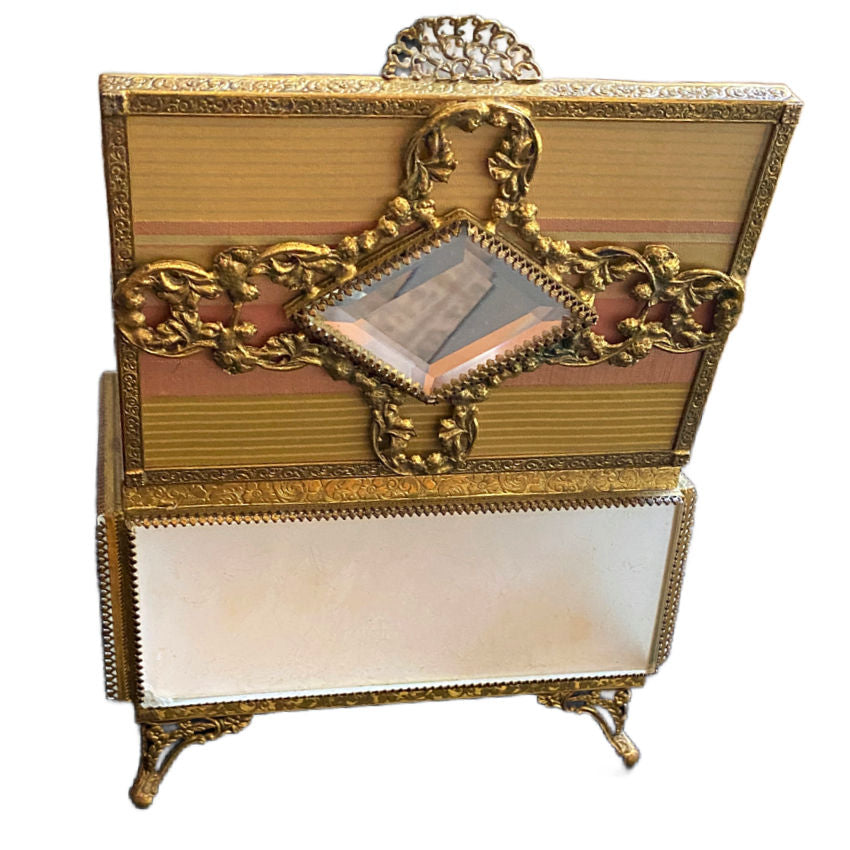 Vintage French Silk and Satin Glass Gold Plated Jewelry Casket