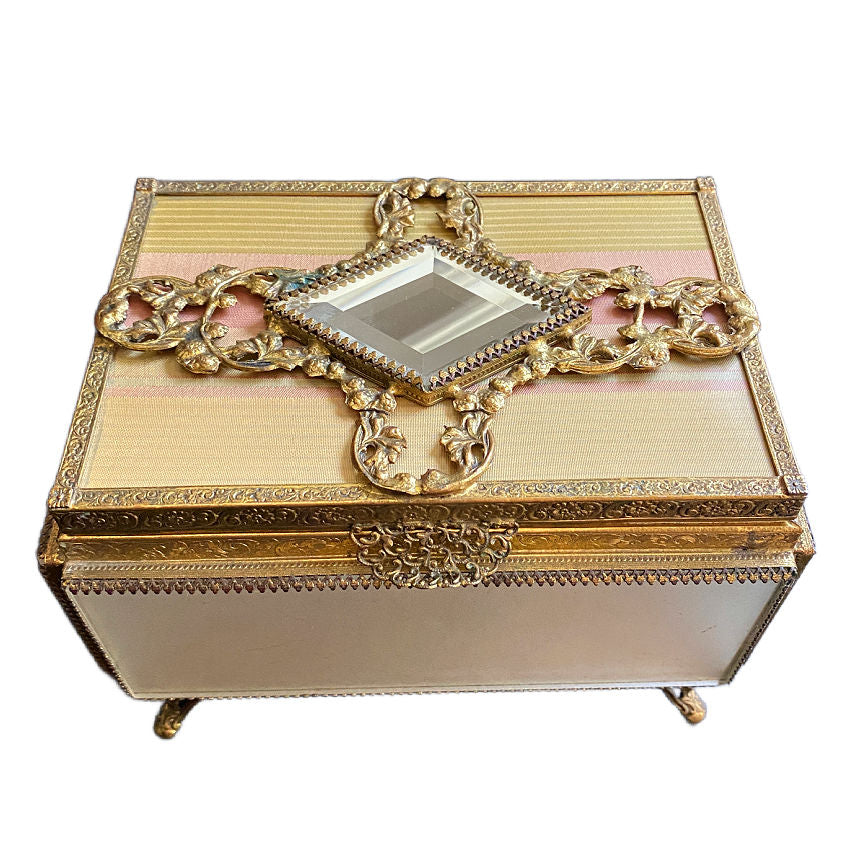 Decorative antique French ormolu jewelry box with gold embellishments and pink silk