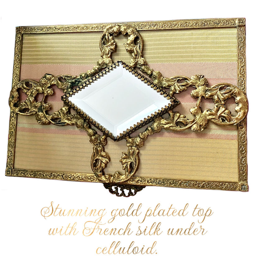 Vintage French Silk and Satin Glass Gold Plated Jewelry Casket