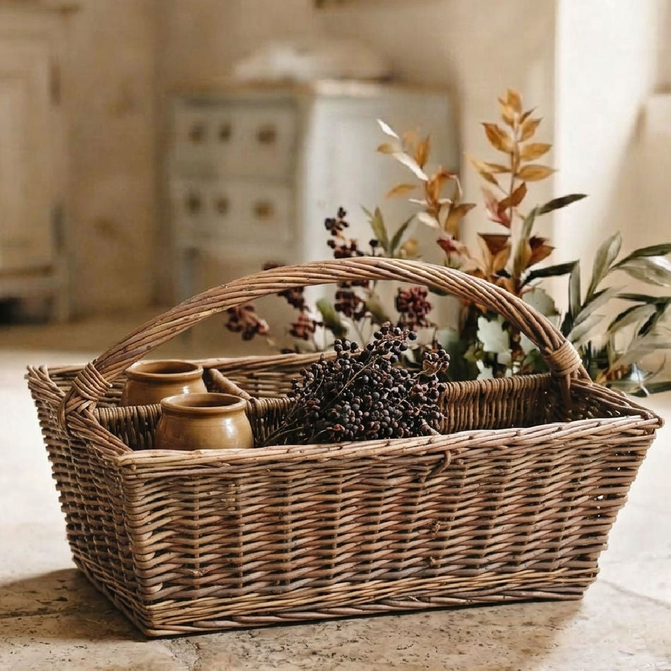 Vintage hand-woven divided country basket styled with seasonal branches and small pots in a French country interior.