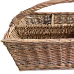 Vintage hand-woven country basket, full view showing its divided design and natural woven texture. close view