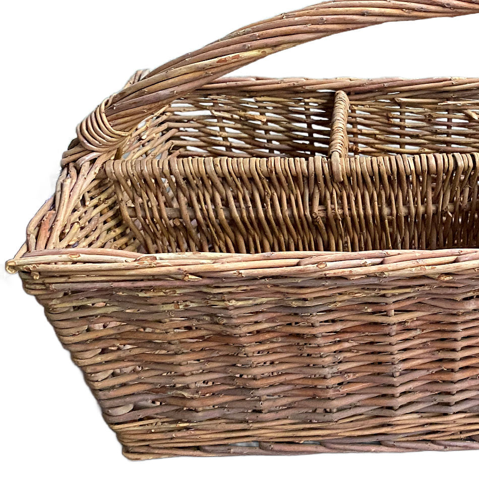 Vintage hand-woven country basket, full view showing its divided design and natural woven texture. close view