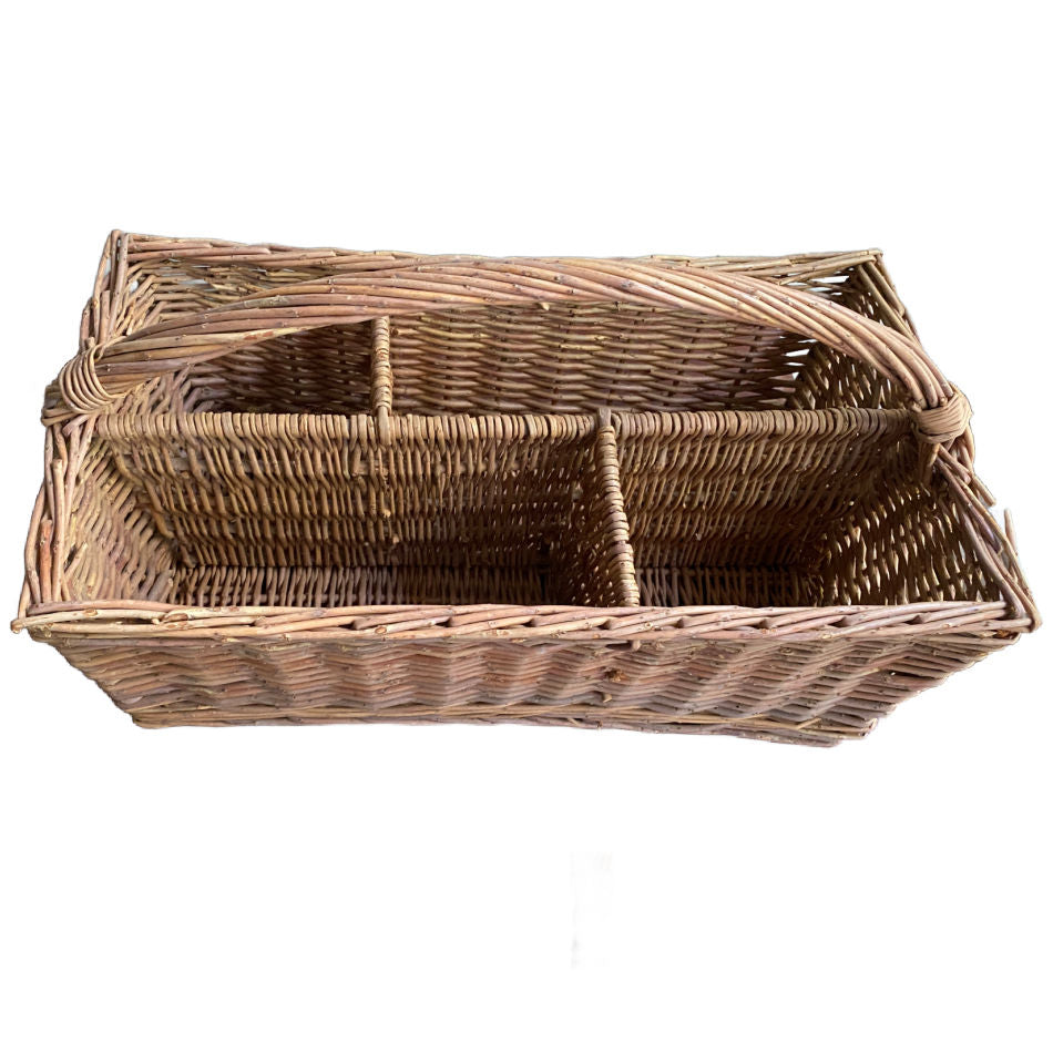 Vintage hand-woven divided country basket with traditional woven construction and rustic French country charm.