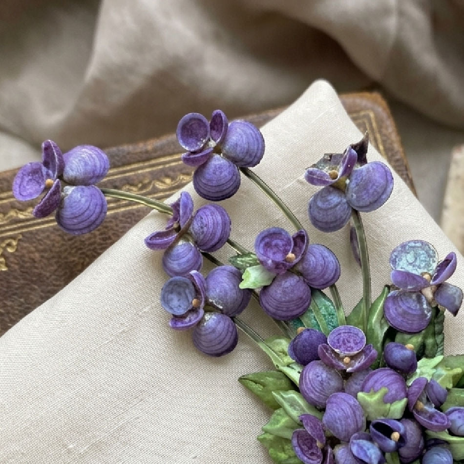 Vintage Purple Pansy Sea Shell Floral Spray