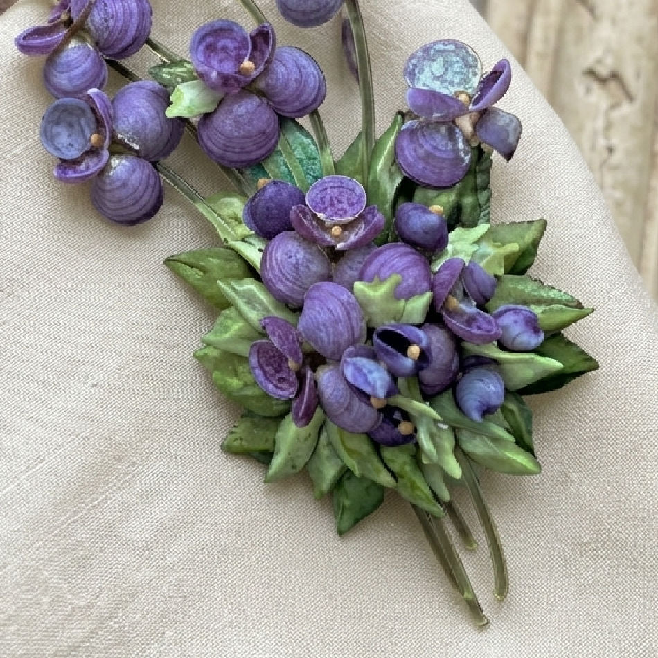 Vintage Purple Pansy Sea Shell Floral Spray