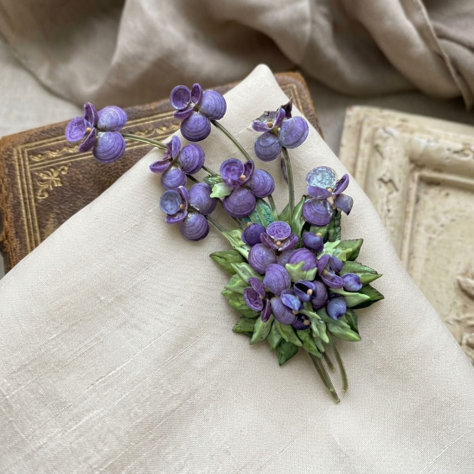 Vintage Purple Pansy Sea Shell Floral Spray