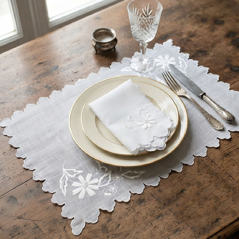 Vintage Madeira organdy linens displayed on an elegant dining table
