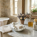 Milk glass hands dish on marble vanity French bathroom styling