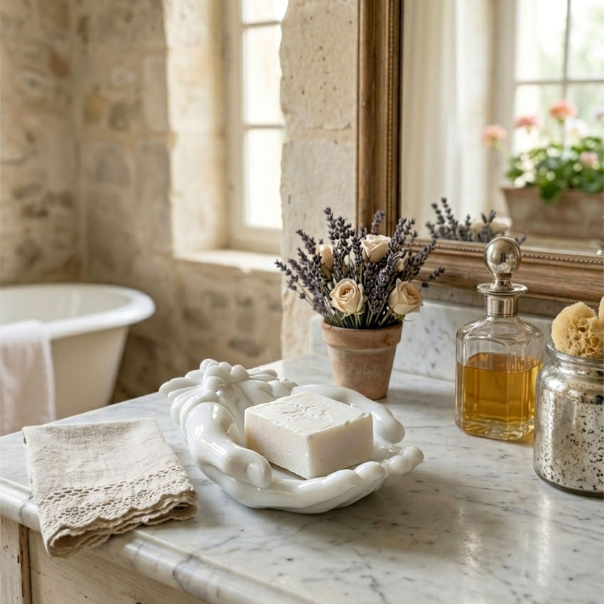 Milk glass hands dish on marble vanity French bathroom styling