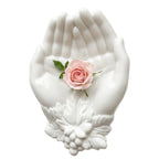 Vintage milk glass cupped hands dish holding French pink rose
