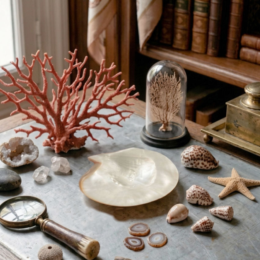 Detail of interior pearlescence in vintage shell bowl reflecting soft light in library with shells, coral and magnifying glass on desk