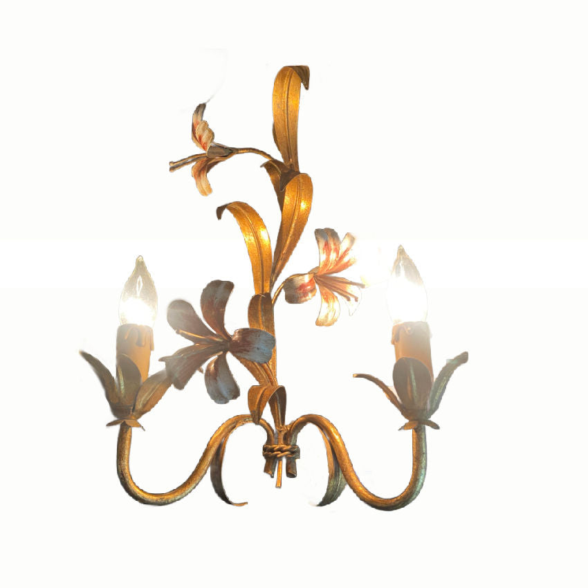 Pair Vintage Gilt Tole Floral Sconces