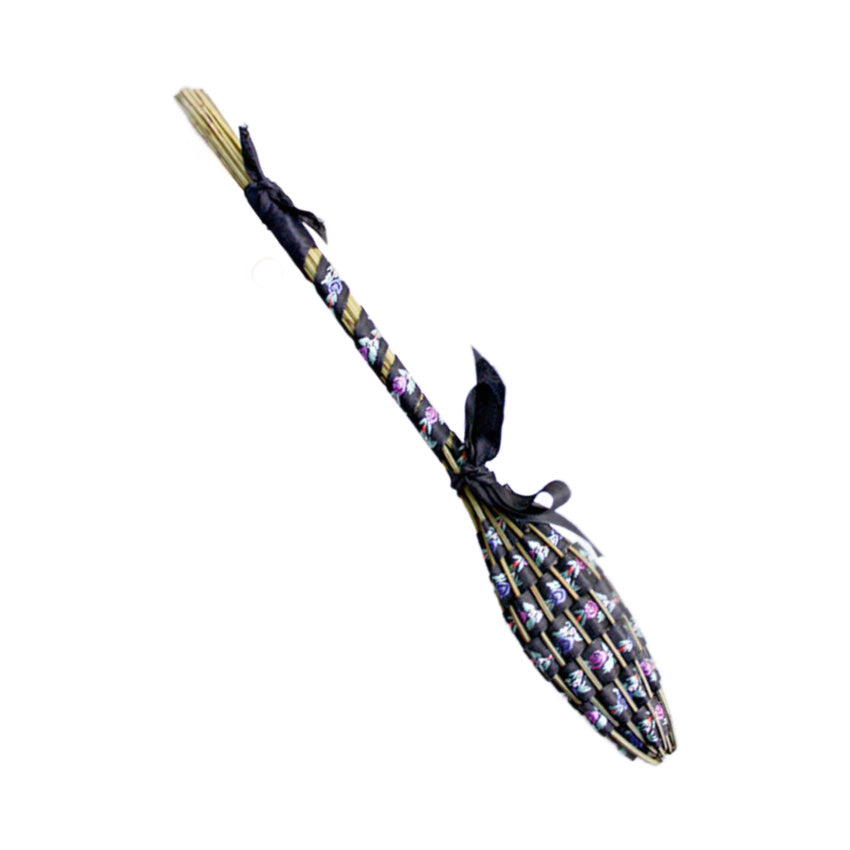 Handwoven French lavender wand with black floral brodcade ribbon.