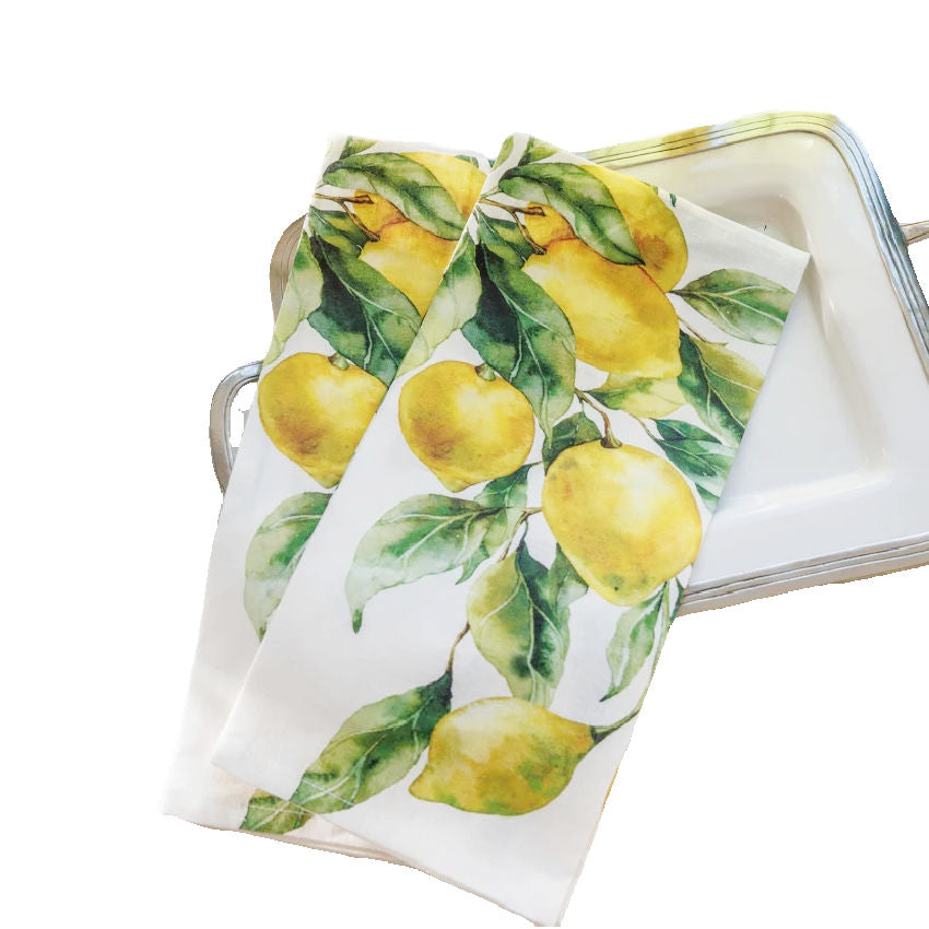 Linen tea towel with lemon design