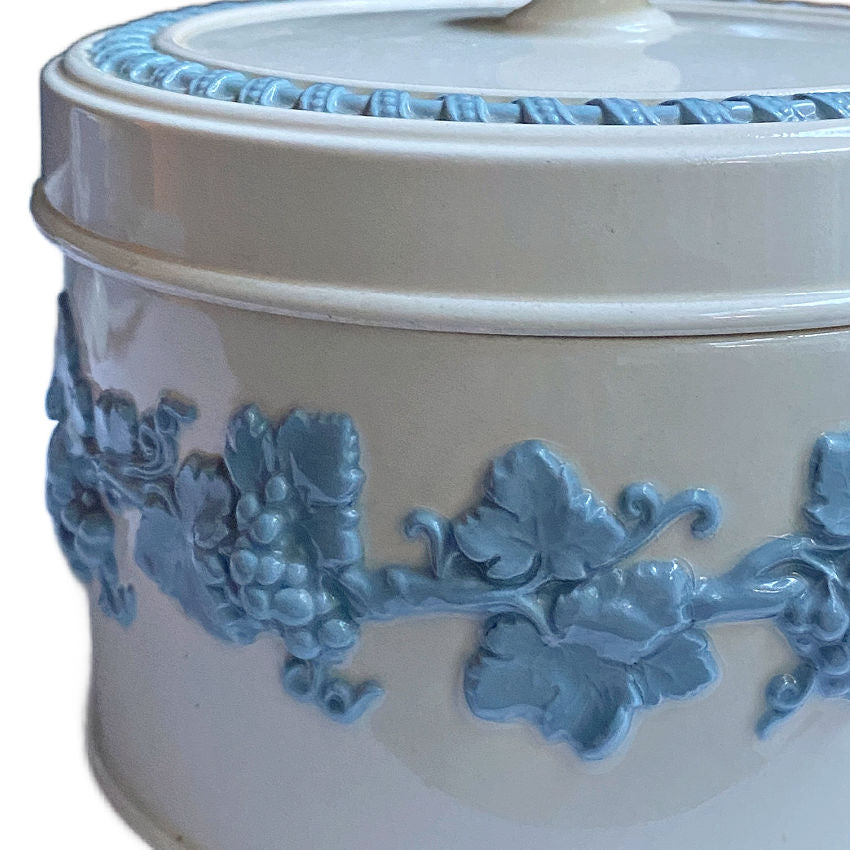 Wedgwood Queen’s Ware Blue Floral Relief Bonbonnière – English Creamware Covered Jar