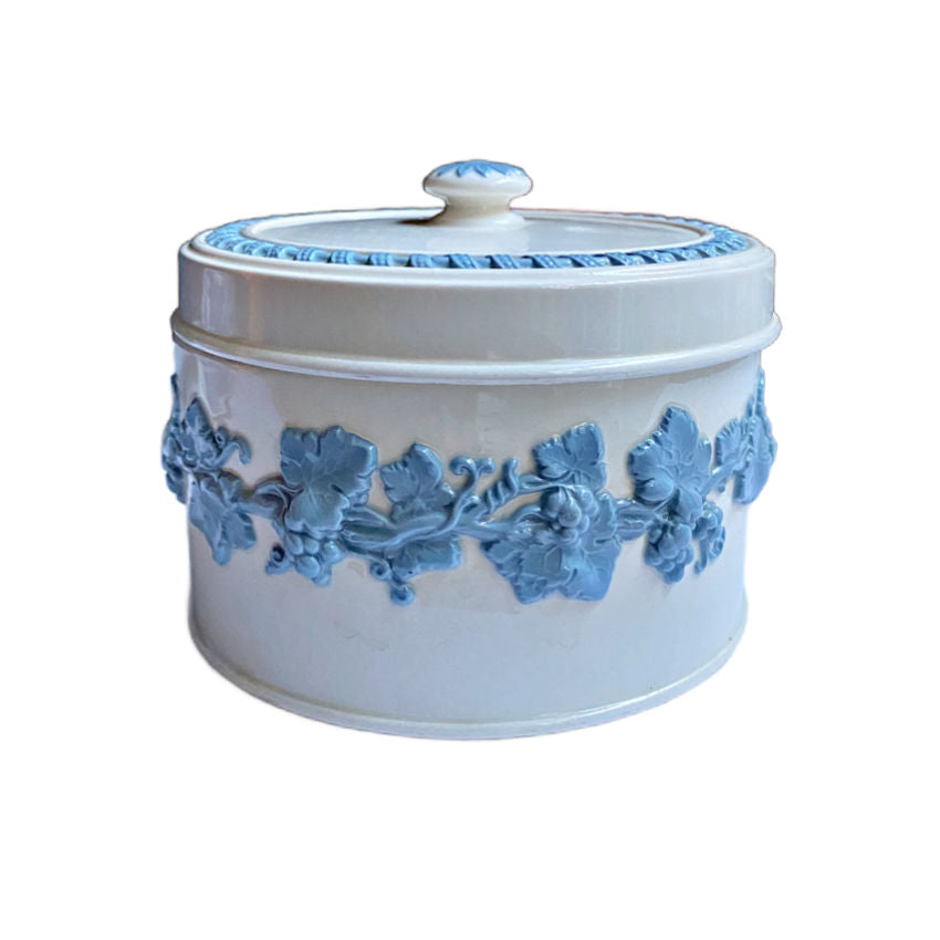 Wedgwood Queen’s Ware Blue Floral Relief Bonbonnière – English Creamware Covered Jar
