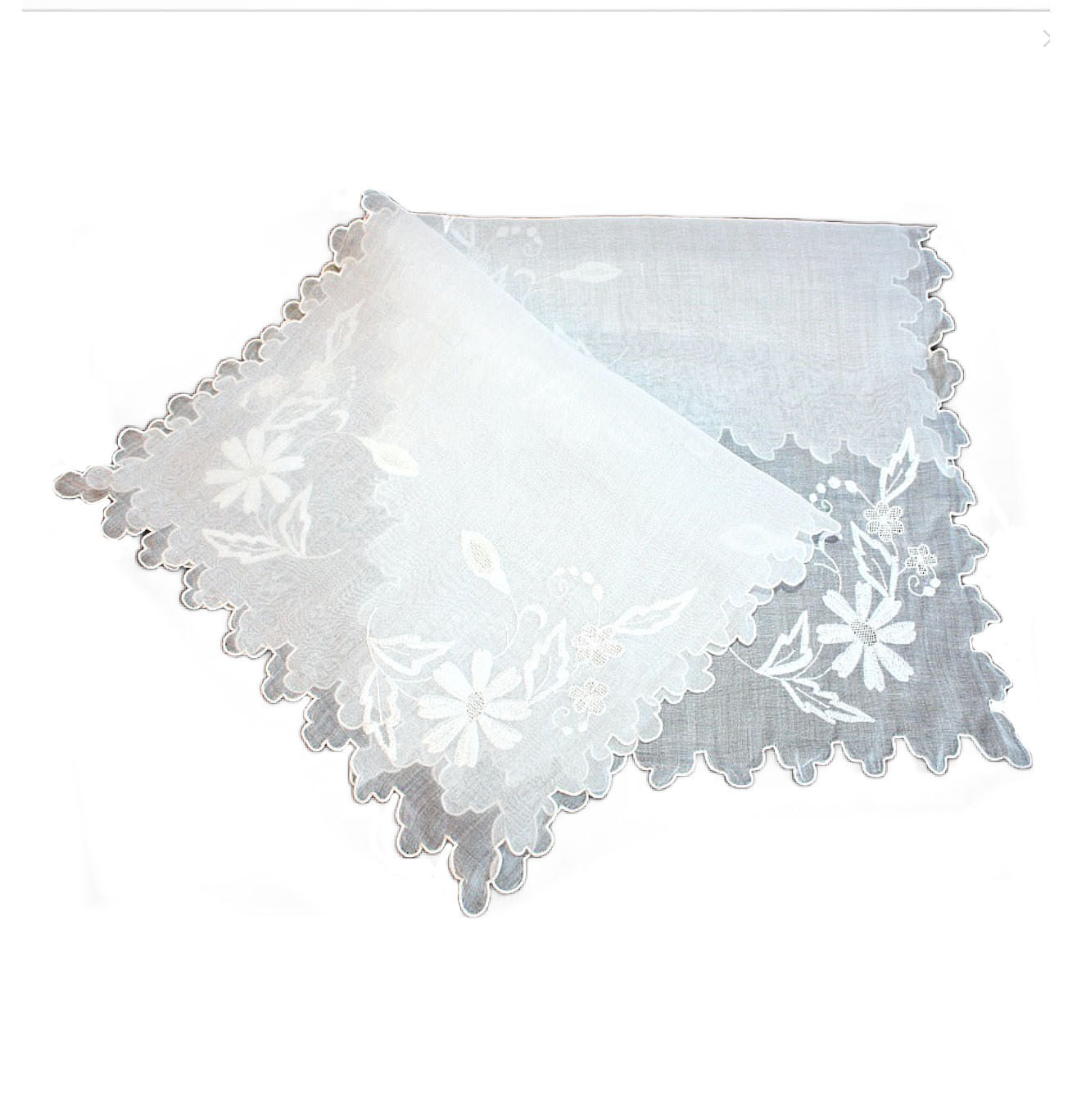 Vintage white organdy Madeira embroidery table linens with scalloped edges