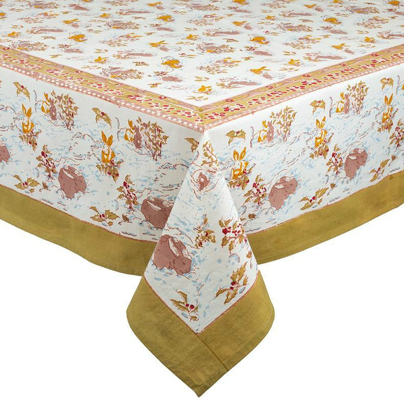 French country winter table with hand-printed hare tablecloth