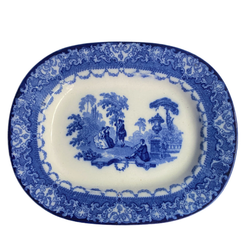 Royal Doulton Watteau Flow Blue oval platter, early 1900s English transferware with romantic pastoral courting scene.